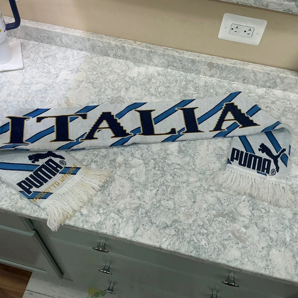 Puma Scarf Italia FIGC Soccer OS White Blue Striped Knit Fringe Made in Italy